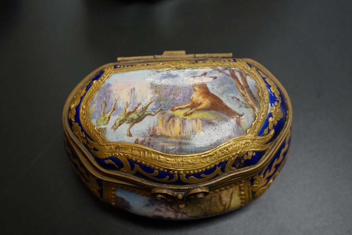 A collection of Continental hand painted and enamelled patch boxes, largest 9cm wide